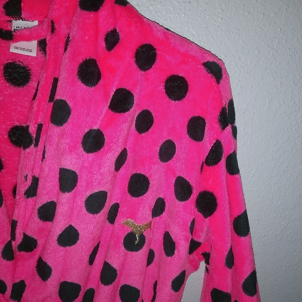 PINK VS Victoria's Secret XS Shocking Pink Black Dot Gold Dog Velour Bath Robe